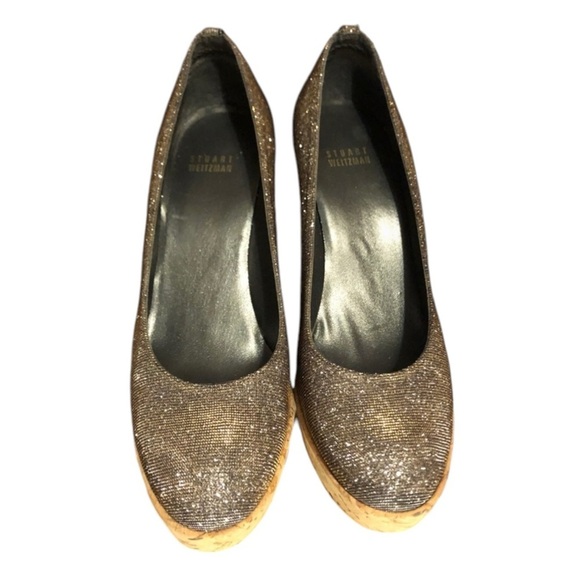 STUART WEITZMAN Corkswoon Metallic Kate Middleton Wedge Platform Size 8 - Picture 3 of 9